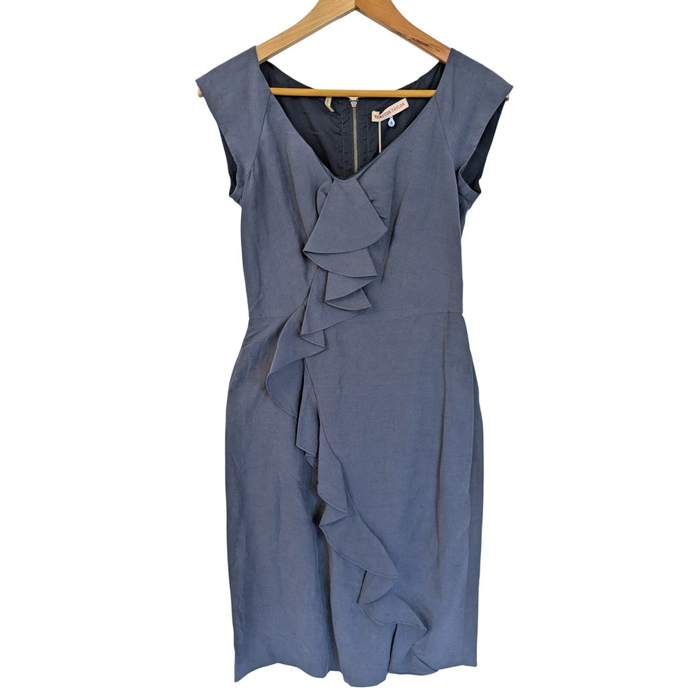 Rebecca Taylor Navy Silk Linen Femme Work Dress Ruffle Front 4 NEW 311604D333